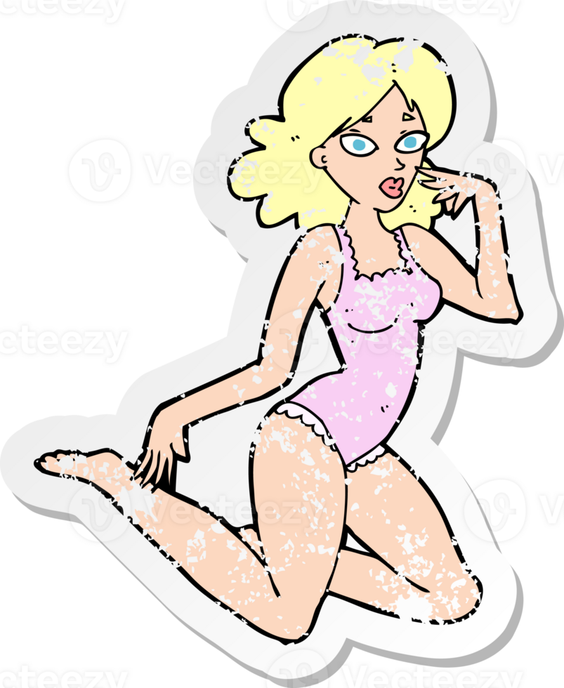 retro distressed sticker of a cartoon woman in lingerie drawing png