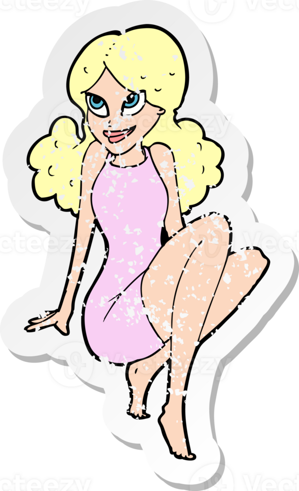 retro distressed sticker of a cartoon attractive woman posing drawing png