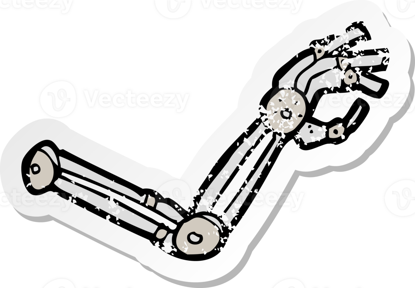retro distressed sticker of a cartoon robot arm drawing png