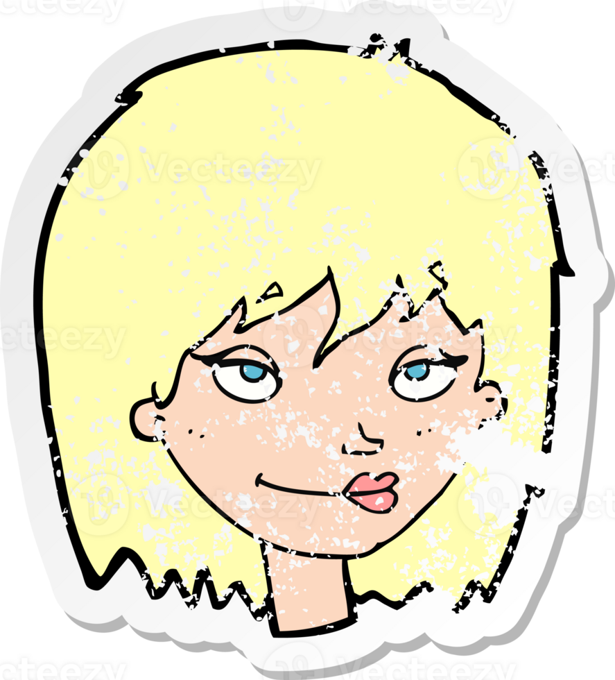 retro distressed sticker of a cartoon smiling woman drawing png