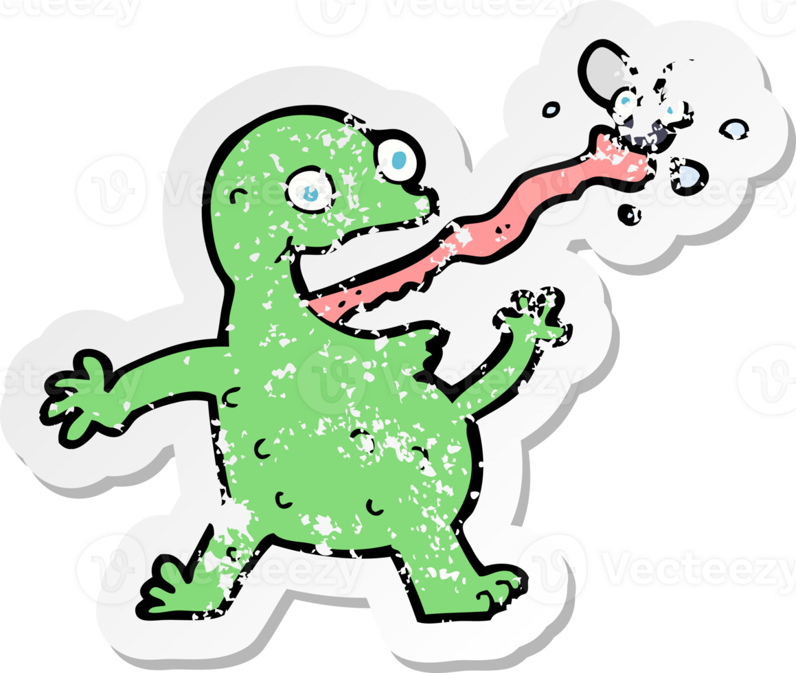 retro distressed sticker of a cartoon frog catching fly drawing png