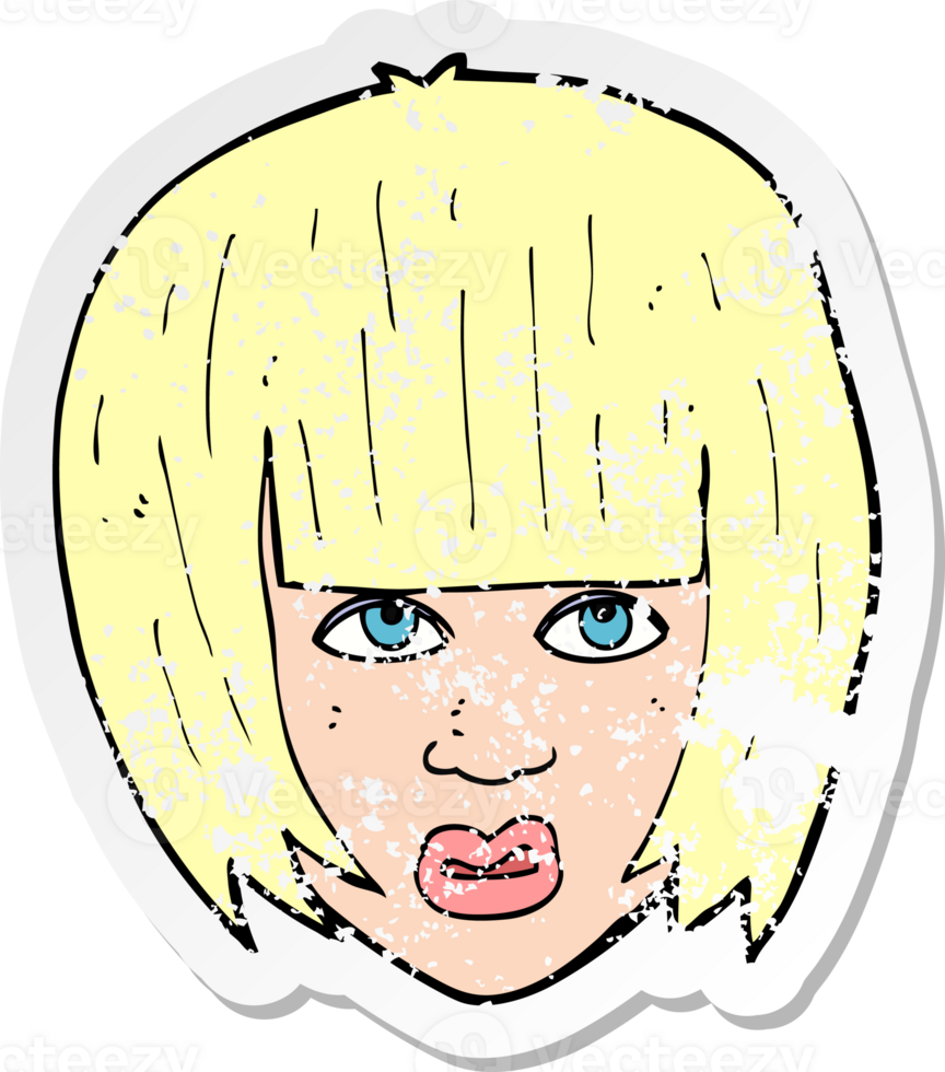 retro distressed sticker of a cartoon annoyed girl with big hair drawing png