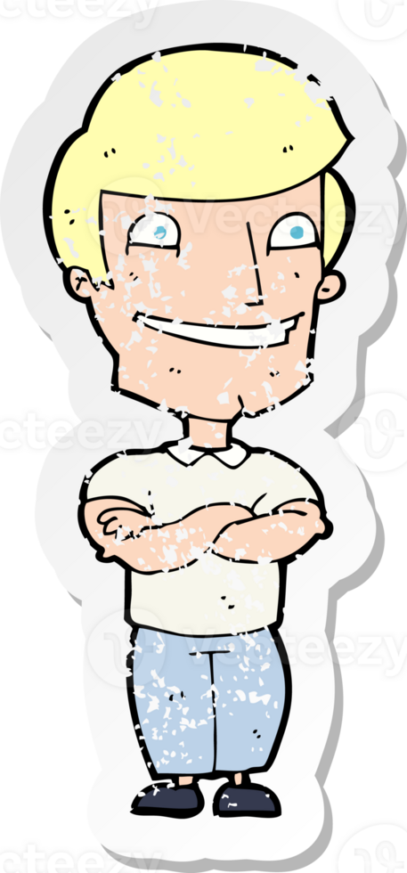 retro distressed sticker of a cartoon grinning man drawing png