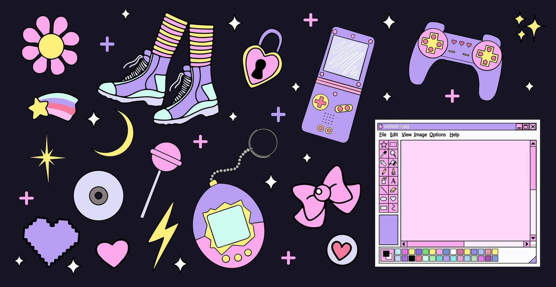 Kawaii elements set Y2k vaporwave style vector