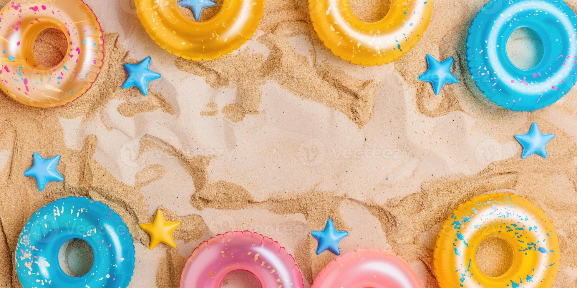 Multi-colored inflatable rings on the beach sand. Summer background with copy space photo