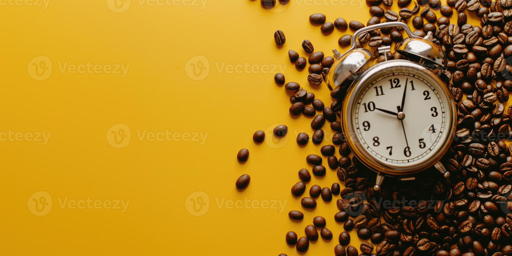 Alarm clock in coffee beans on an empty yellow background. Break or awakening concept photo