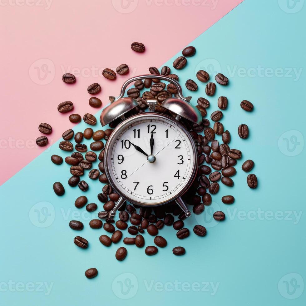 Alarm clock in coffee beans on an empty pastel background. Break or awakening concept photo