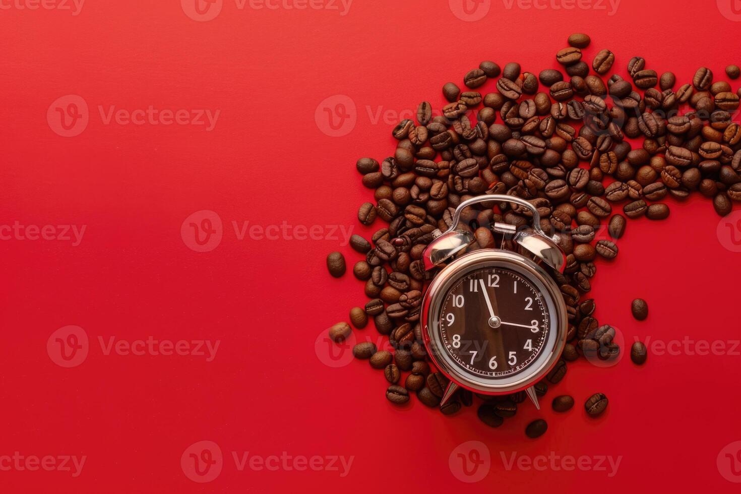 Alarm clock in coffee beans on an empty red background. Break or awakening concept photo