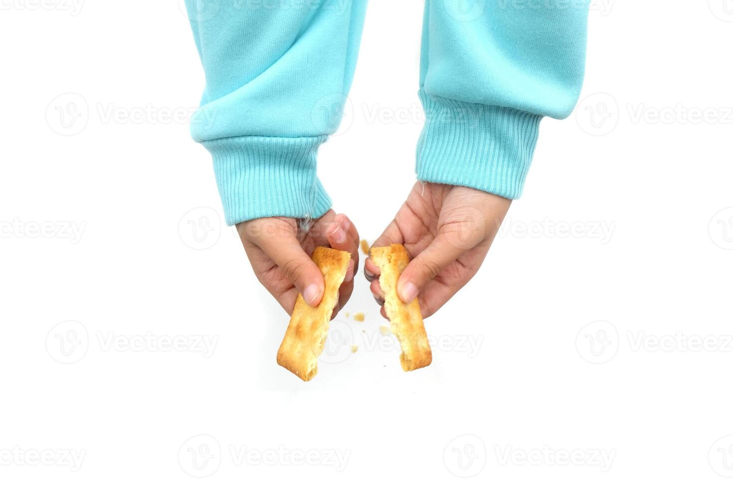 A child's hand holds a biscuit cracker and breaks it into 2 parts photo