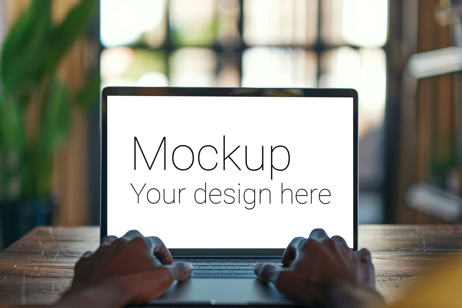 Mockup of black laptop with hands on it psd