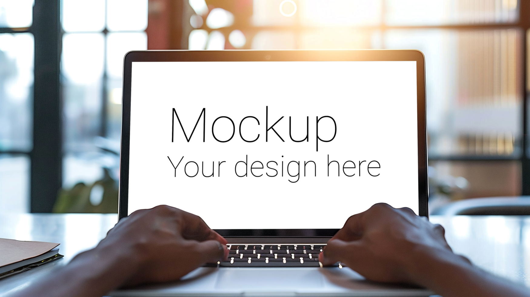 Mockup of black laptop with hands on it psd