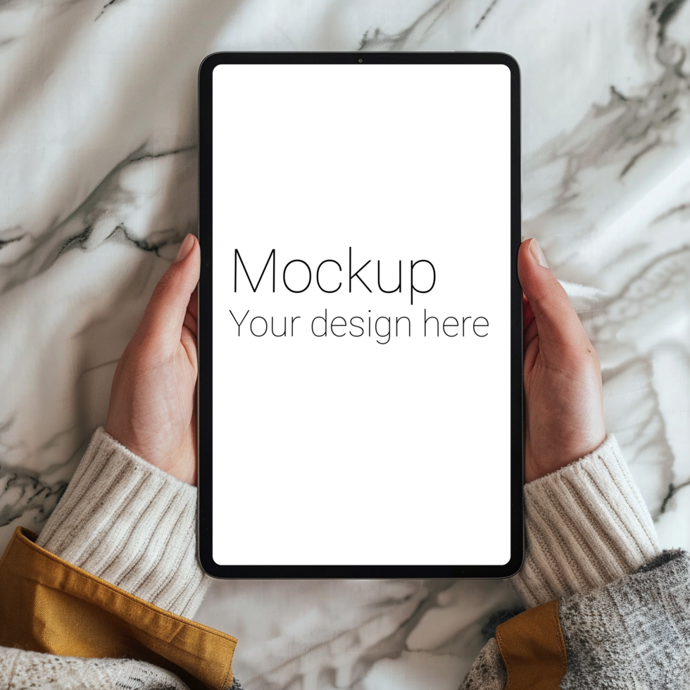 Mockup of black tablet in hand on marble desk psd