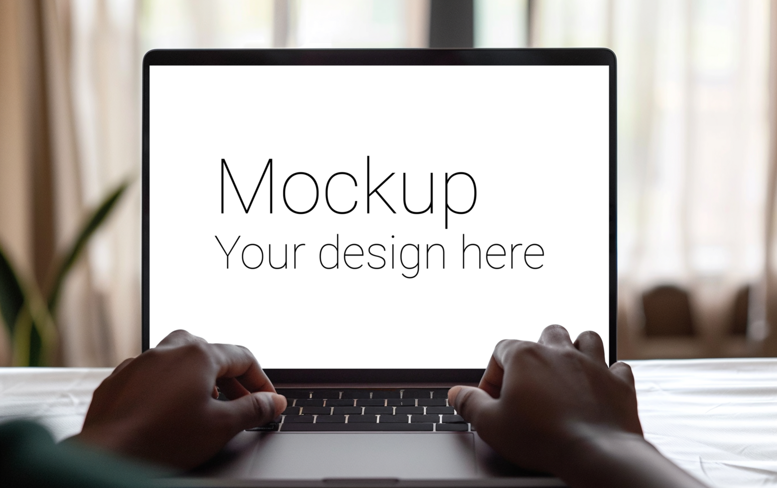 Mockup of black laptop with hands on it psd