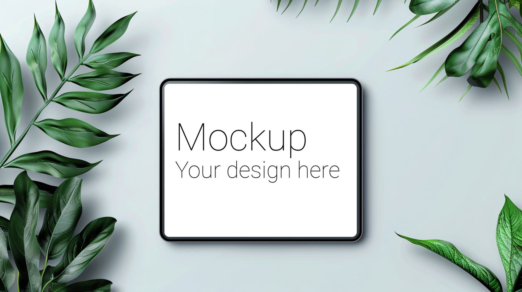Mockup of black tablet on gray background with plants psd