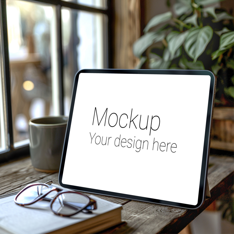 Mockup of black tablet on desktop next to cup psd