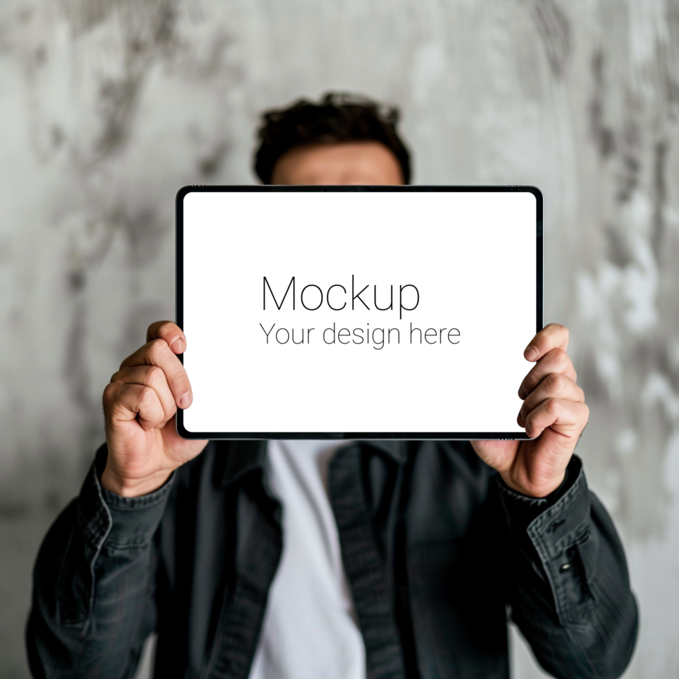 Mockup of black tablet in the hands of man psd