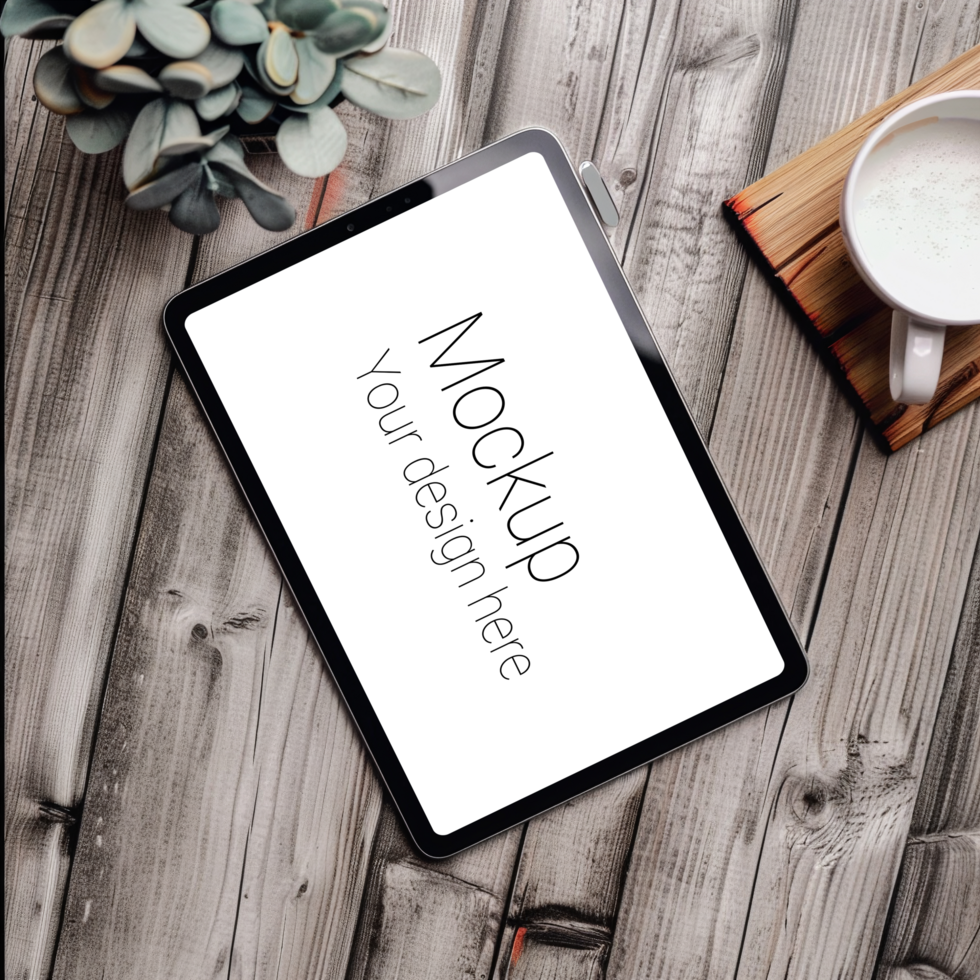 Mockup of black tablet on desktop next to cup psd