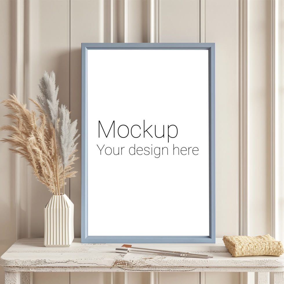 Mockup of blue frame for poster or picture on wall in living room psd