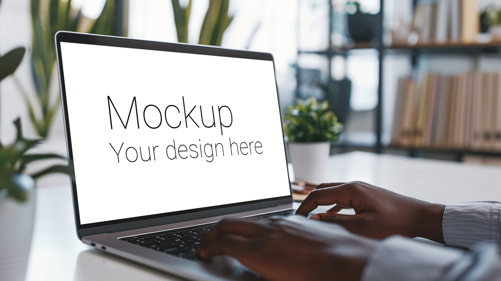 Mockup of black laptop with hands on it psd