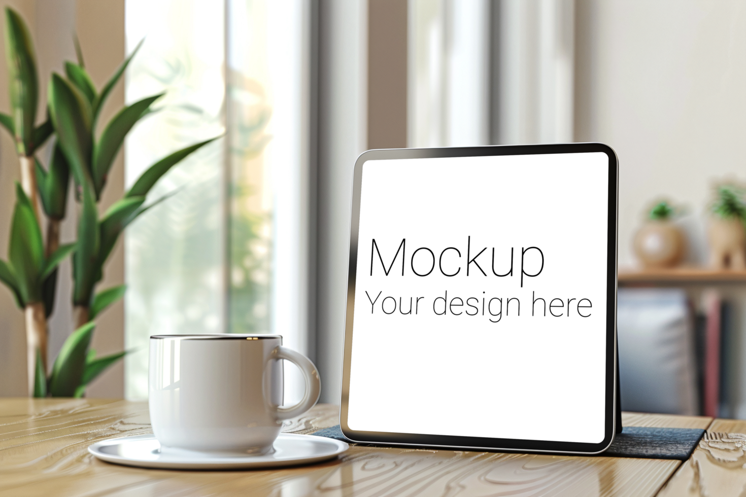 Mockup of black tablet on desktop next to cup psd