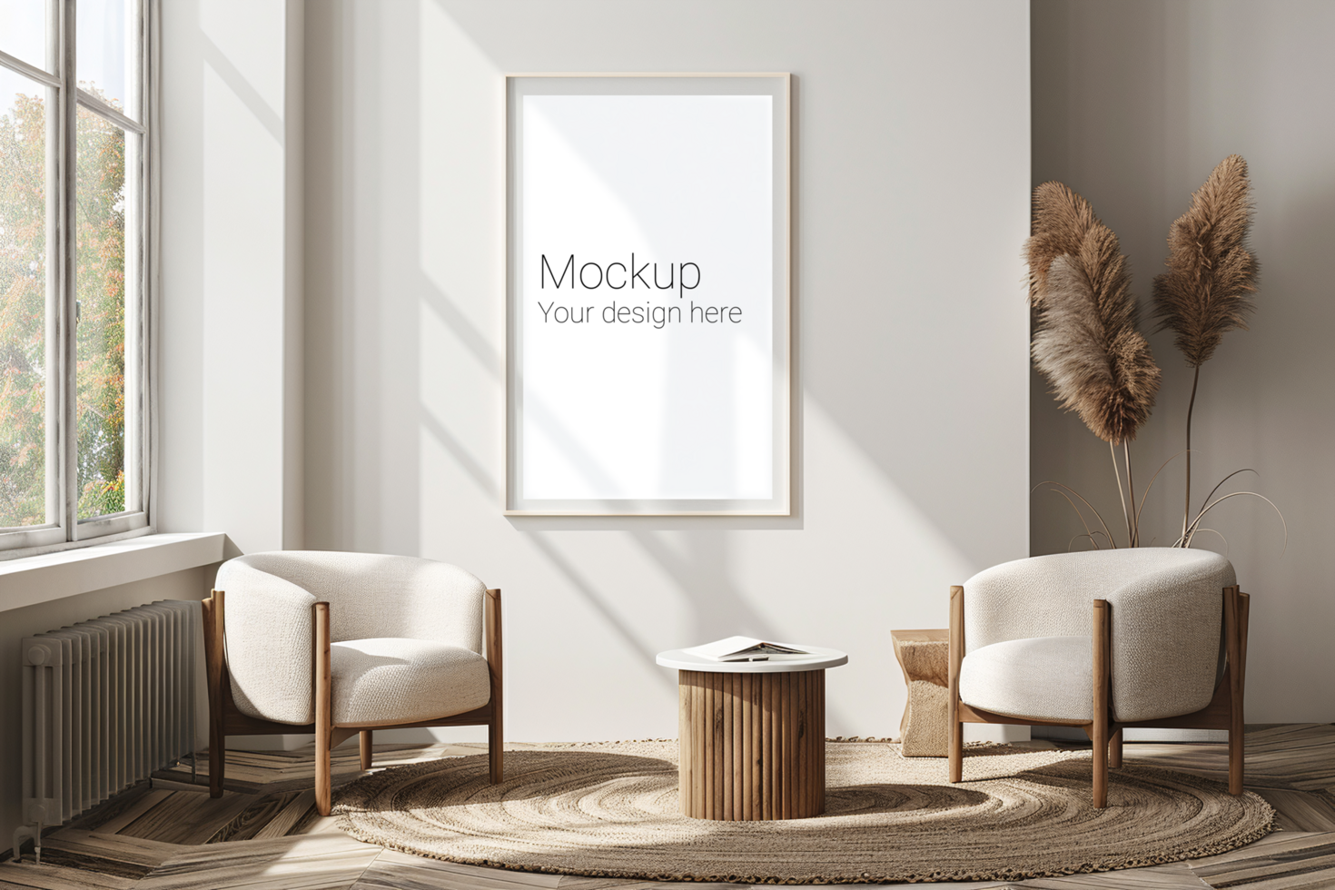 Mockup of white frame for poster or picture on wall in living room psd