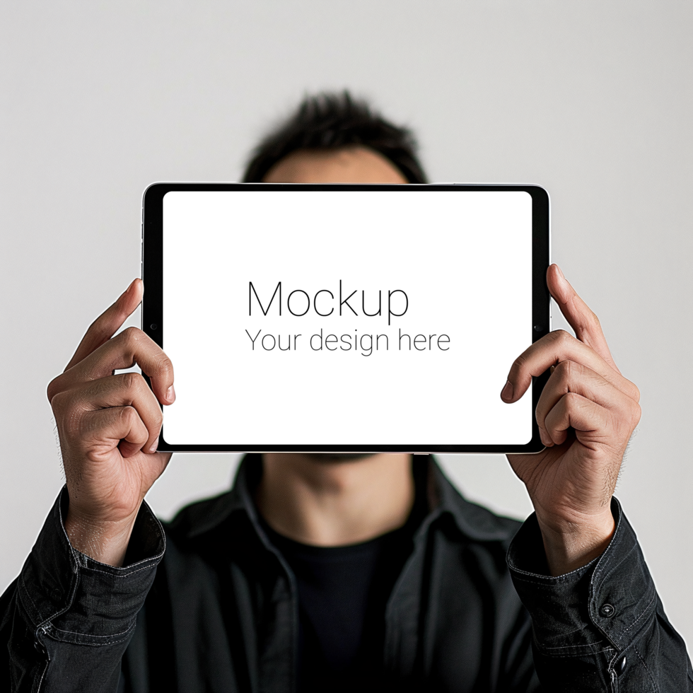 Mockup of black tablet in the hands of man psd