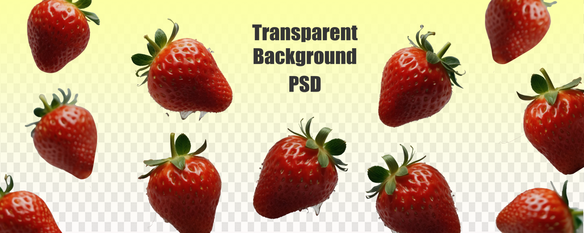 The image shows strawberries suspended in the air against a clear background. It features various keywords like food, fruit, red, produce, and natural foods psd