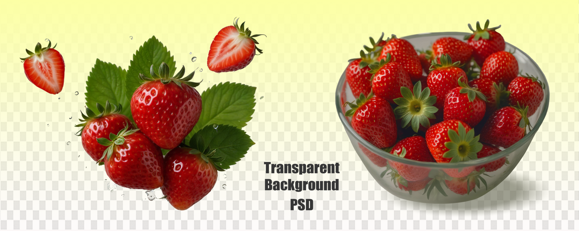 A bowl filled with ripe strawberries placed against a seethrough background, symbolizing freshness and wholesomeness psd