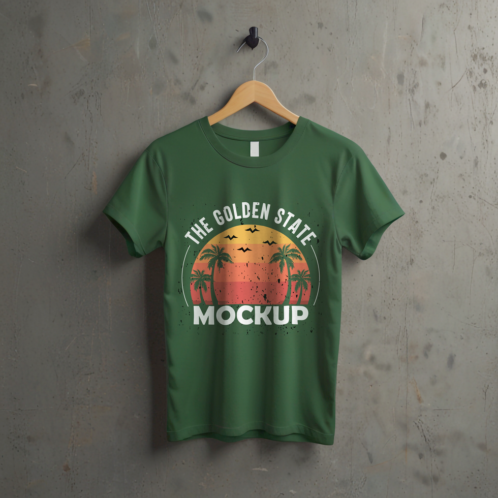 Green tshirt mockup with gray silver wall background psd