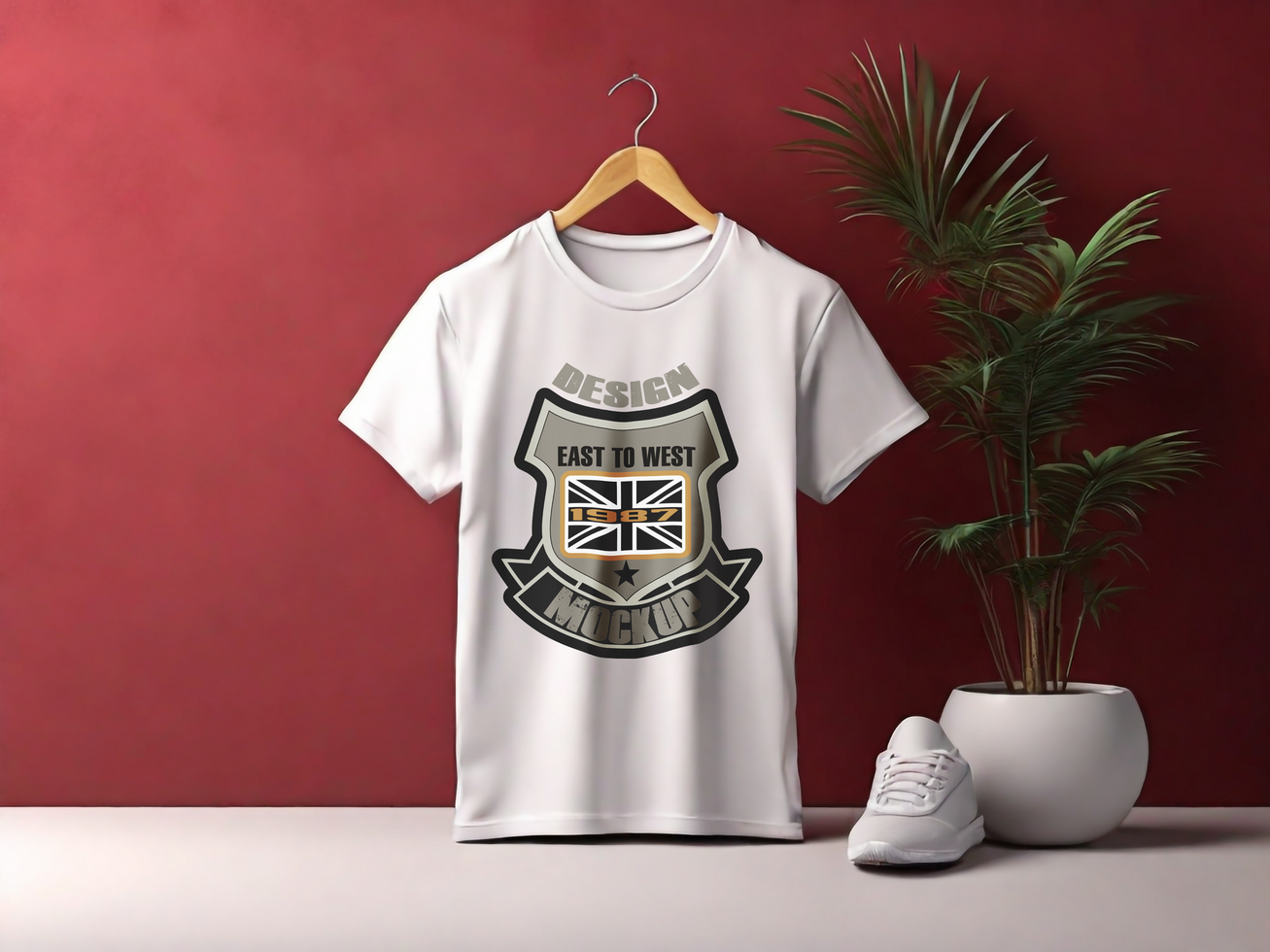 White tshirt mockup with stylish maroon background psd