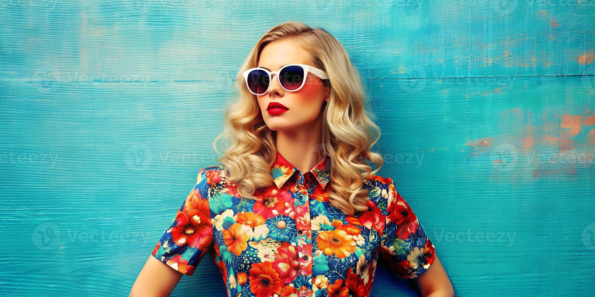 Vibrant Summer Portrait. Woman in Floral Shirt Against Blue Background photo