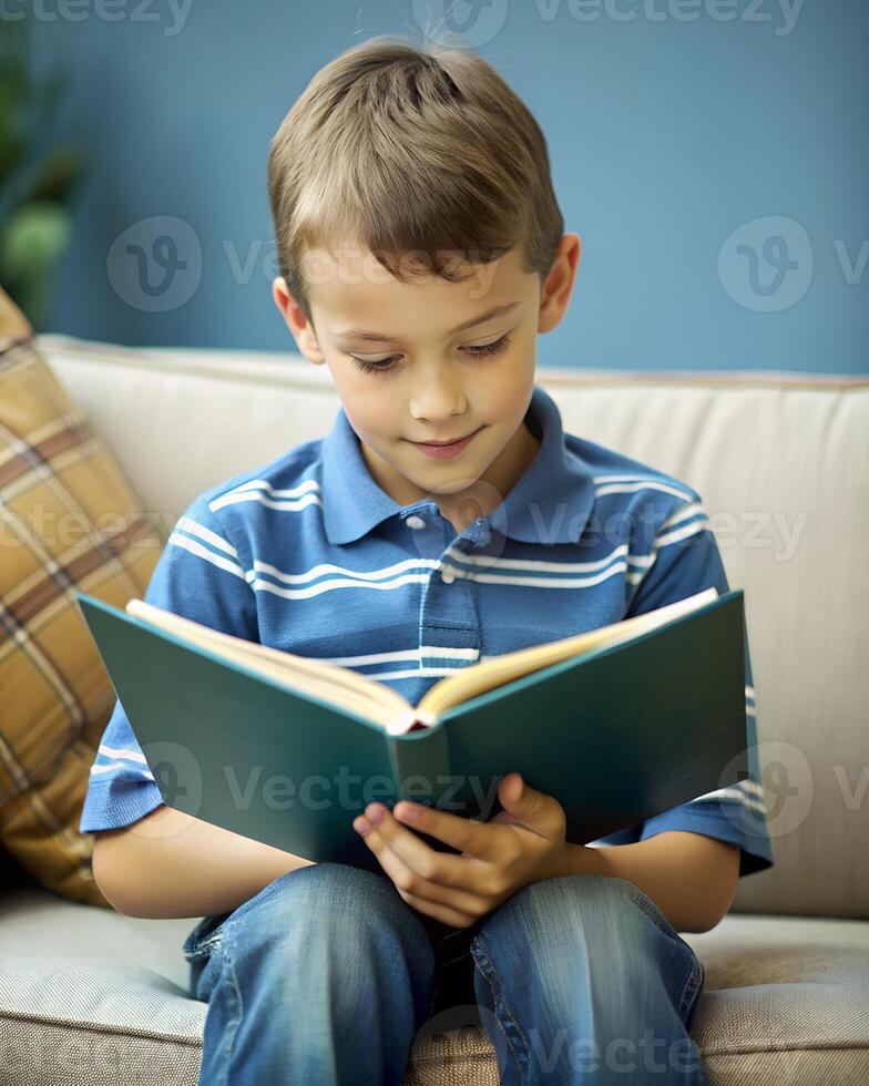 Young Boy in Blue Shirt Reading a Green Book Against blue Background photo
