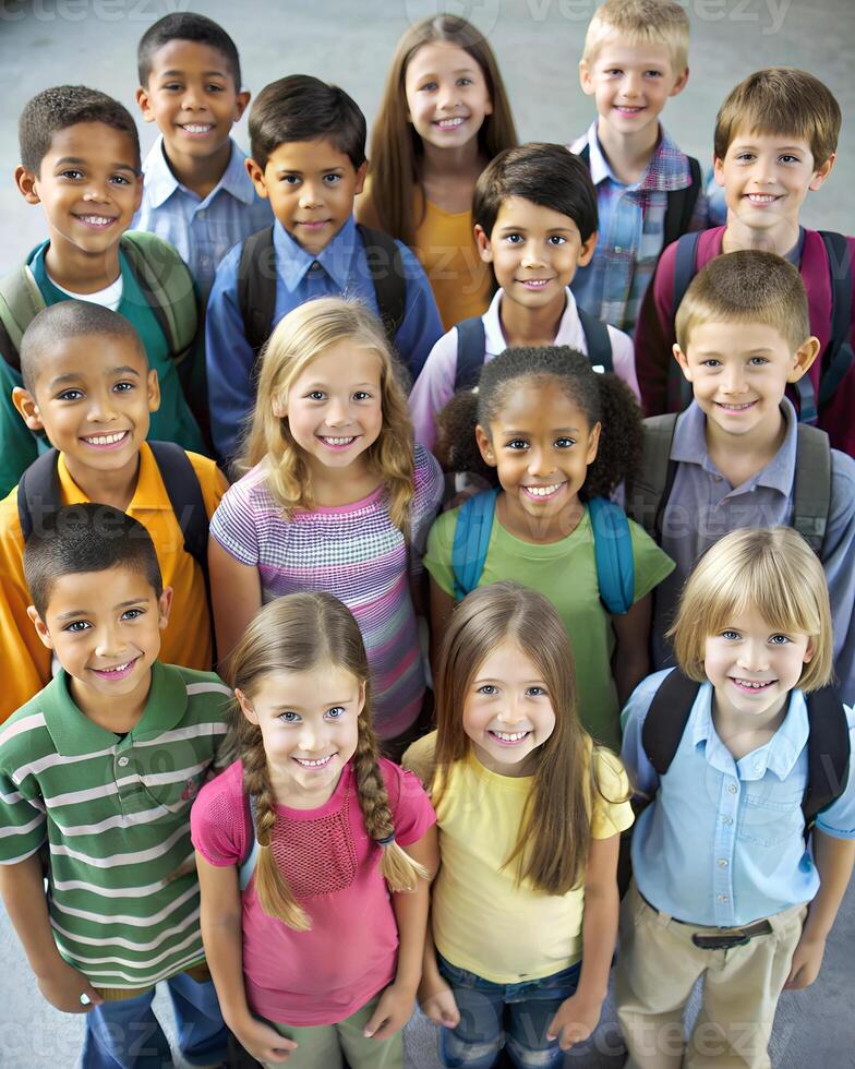 Multiracial Schoolchildren Posing Together in Vibrant Attire photo