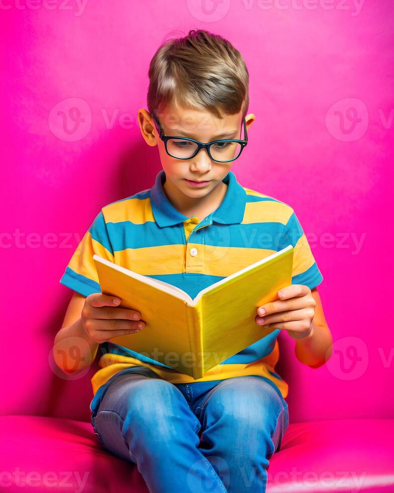 Child Immersed in Reading a Book Against a Colorful Pink Background photo