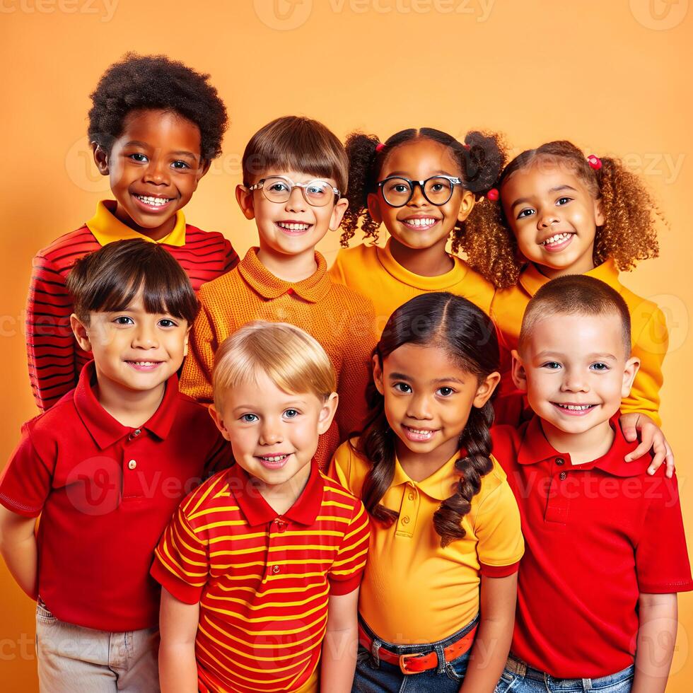 Happy School Kids in Coordinated Outfits Against Yellow Background photo