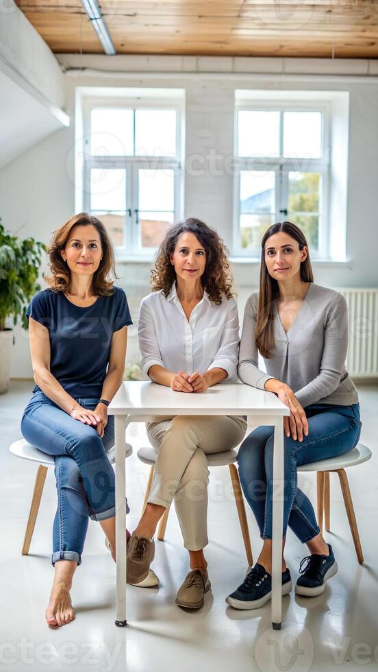 Three Women Sitting at a Table Indoors photo