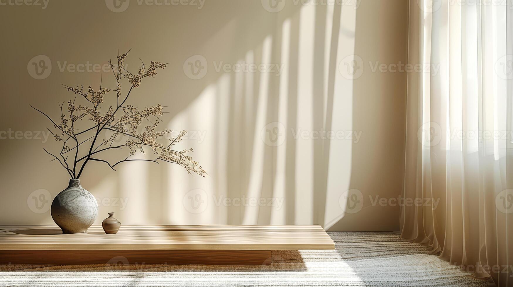 Product placement in a minimalist room with warm light. photo