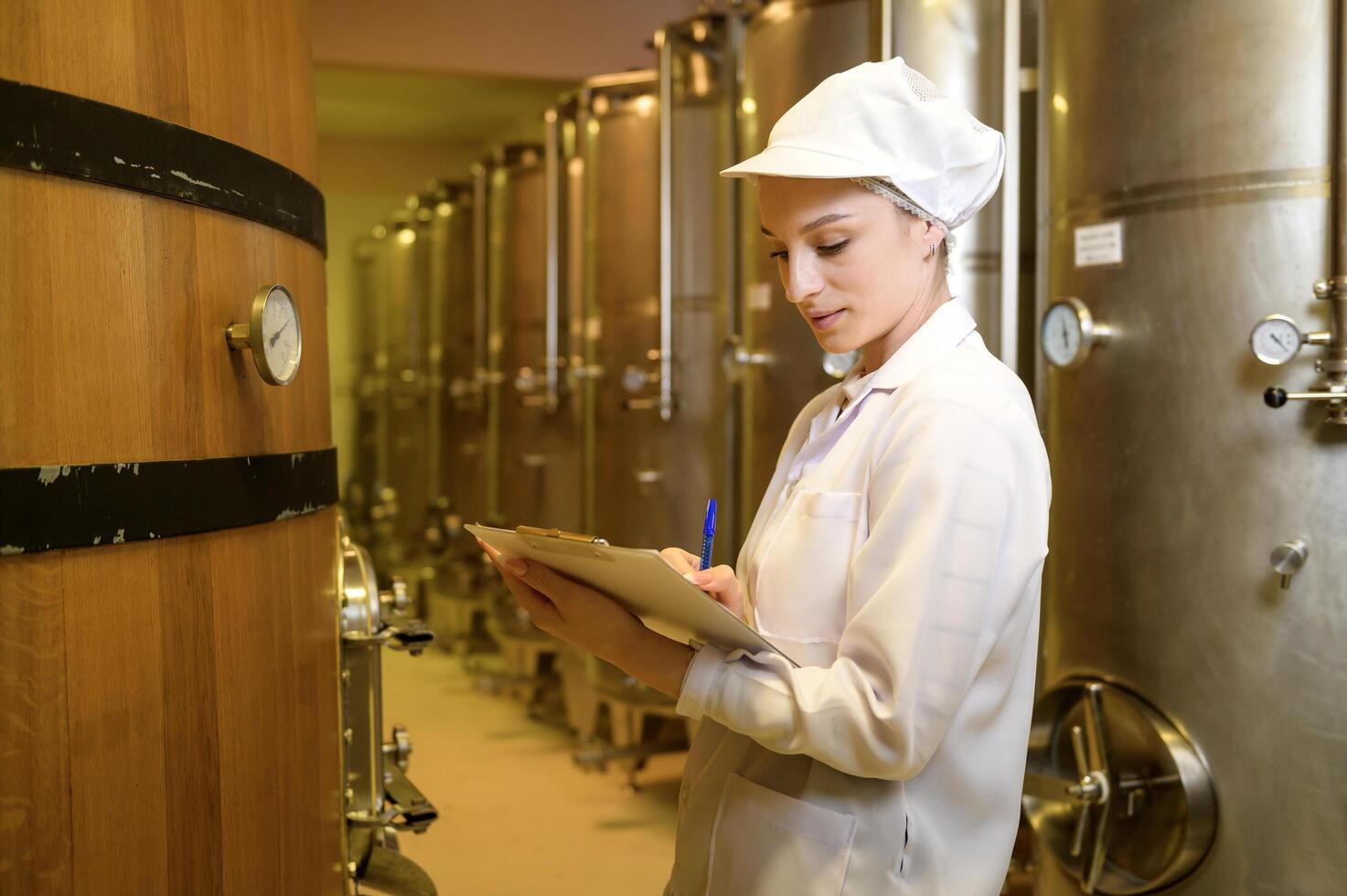 Professional winemaker controlling wine making process and quality at winery factory photo