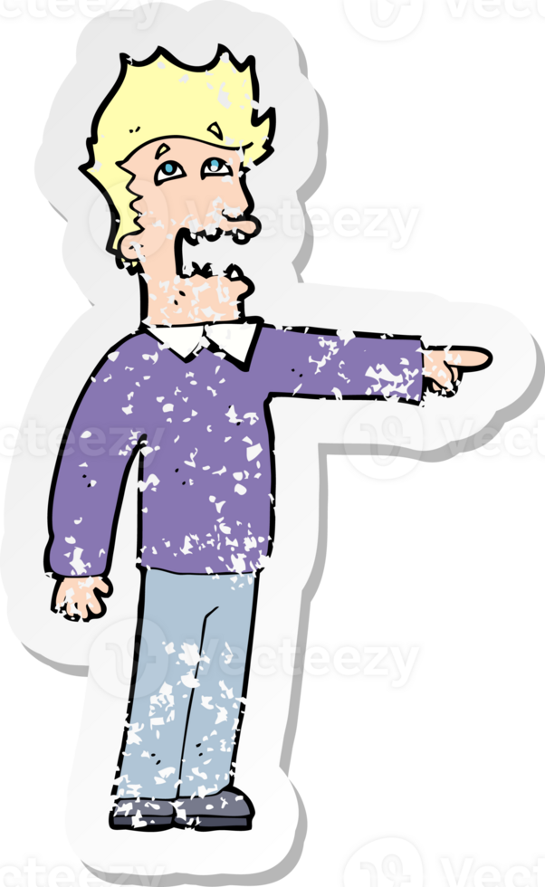 retro distressed sticker of a cartoon man accusing drawing png