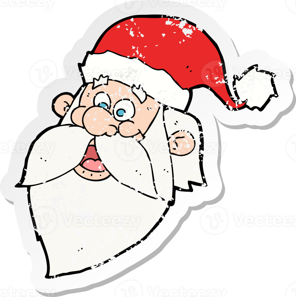 retro distressed sticker of a cartoon jolly santa claus face drawing png