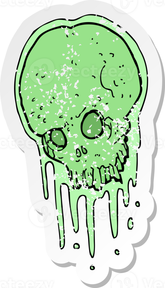 retro distressed sticker of a cartoon slimy skull drawing png