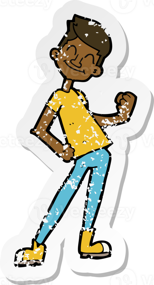 retro distressed sticker of a cartoon celebrating man drawing png