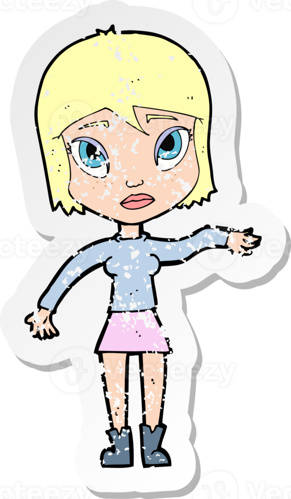 retro distressed sticker of a cartoon woman waving hand drawing png