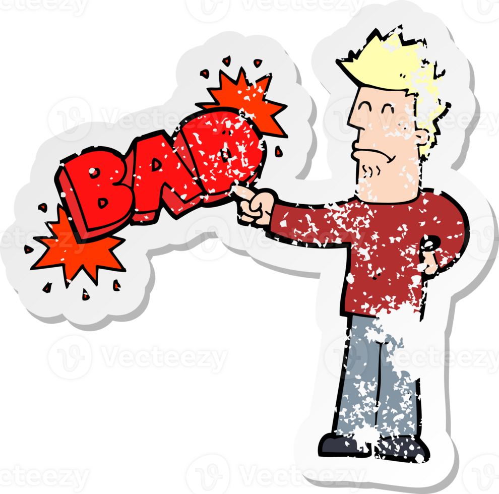 retro distressed sticker of a cartoon man pointing out the bad drawing png
