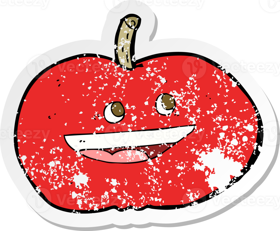 retro distressed sticker of a cartoon happy apple drawing png