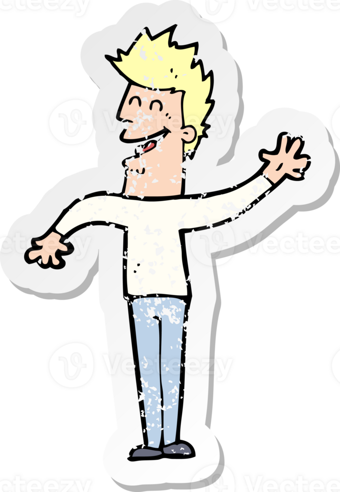 retro distressed sticker of a cartoon happy man waving drawing png