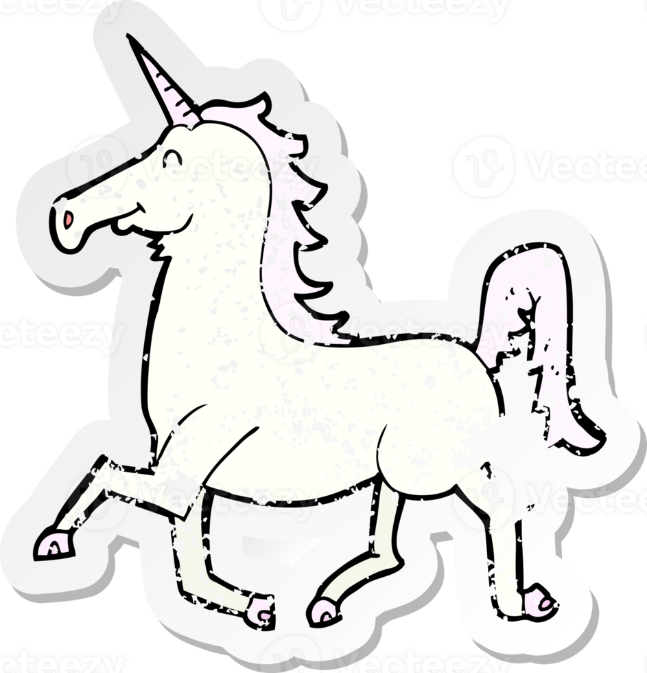 retro distressed sticker of a cartoon unicorn drawing png