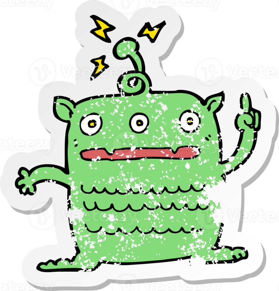 retro distressed sticker of a cartoon weird little alien drawing png