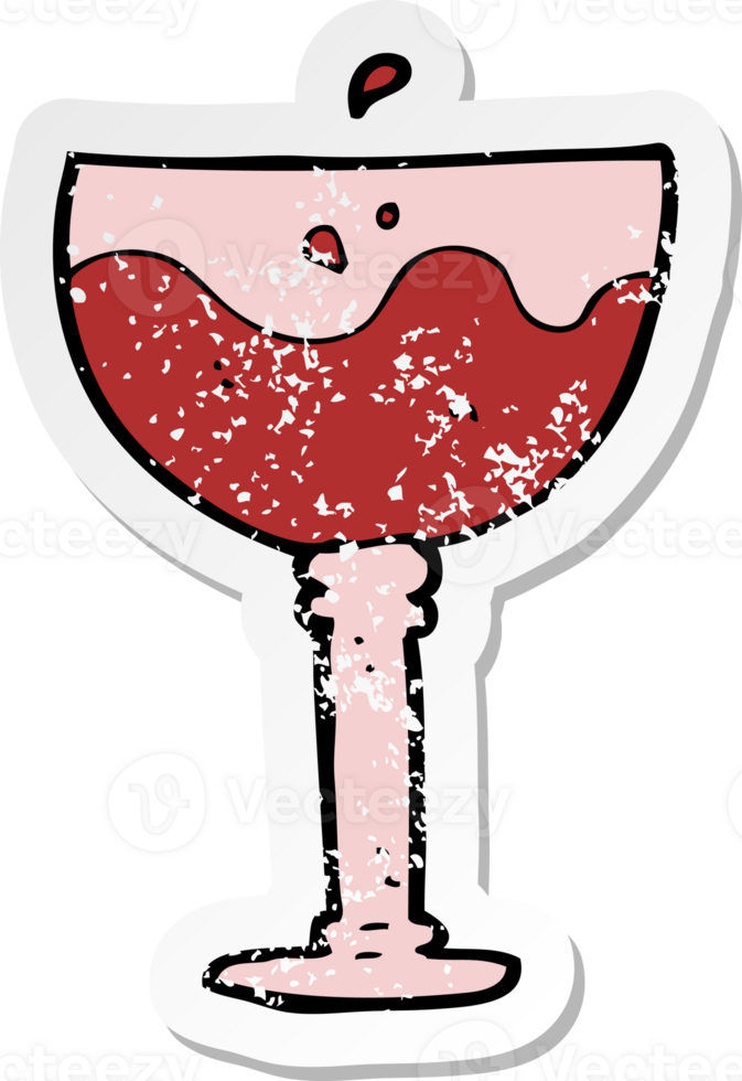retro distressed sticker of a cartoon glass of red wine drawing png