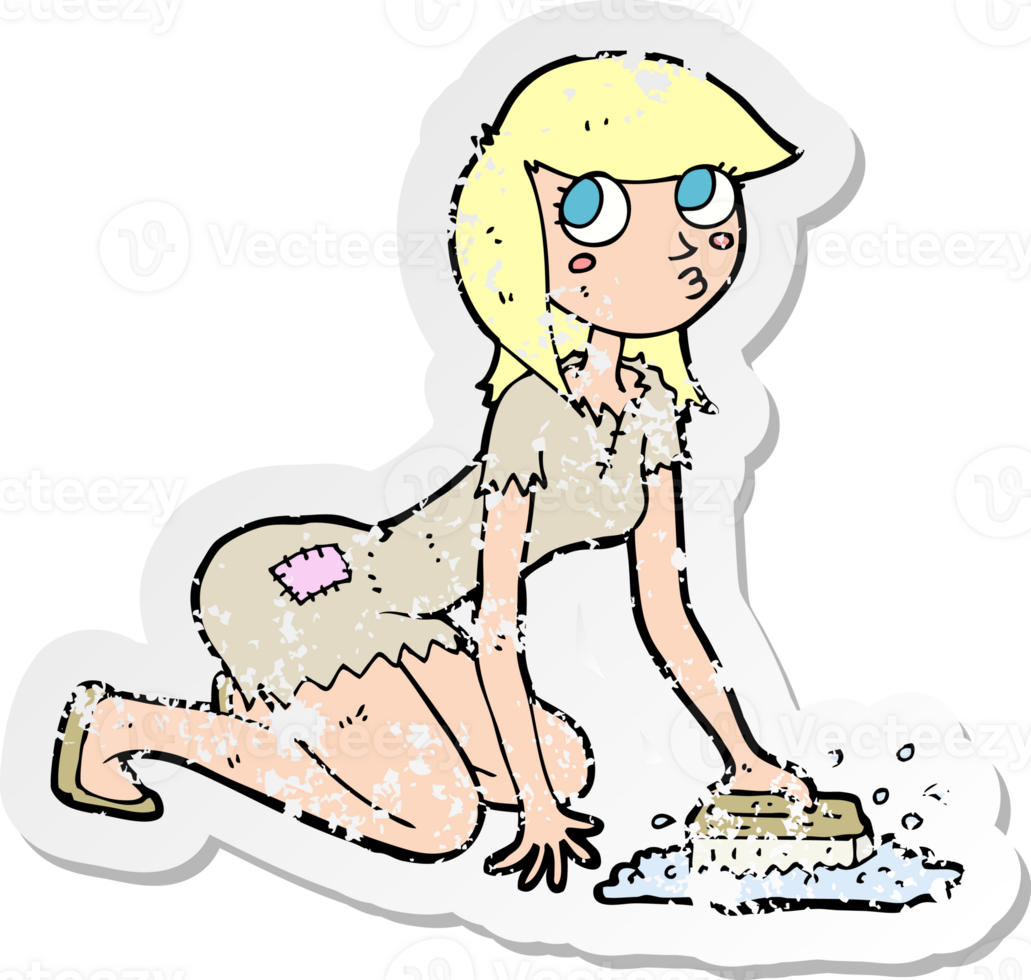 retro distressed sticker of a cartoon cinderella scrubbing floors drawing png